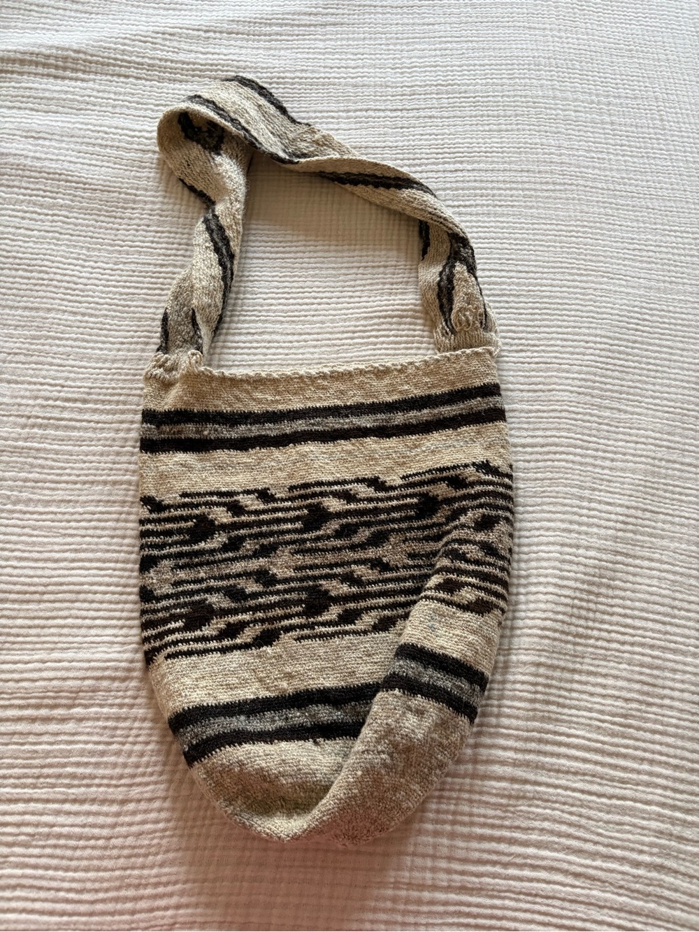 Handwoven Black and Cream Shoulder Bag - Boho Knit Tote